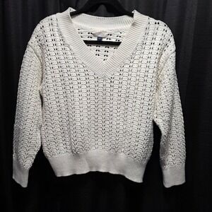 Universal Thread Cream Open Knit V-Neck Pullover Sweater Womens Medium Ivory